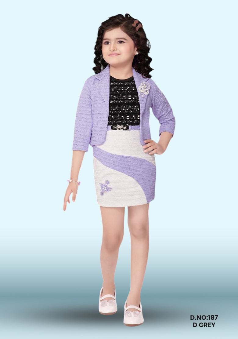 Stylish Lavender Dress With Over Coat And Sling Bag For Girls D.no:187 D Grey
