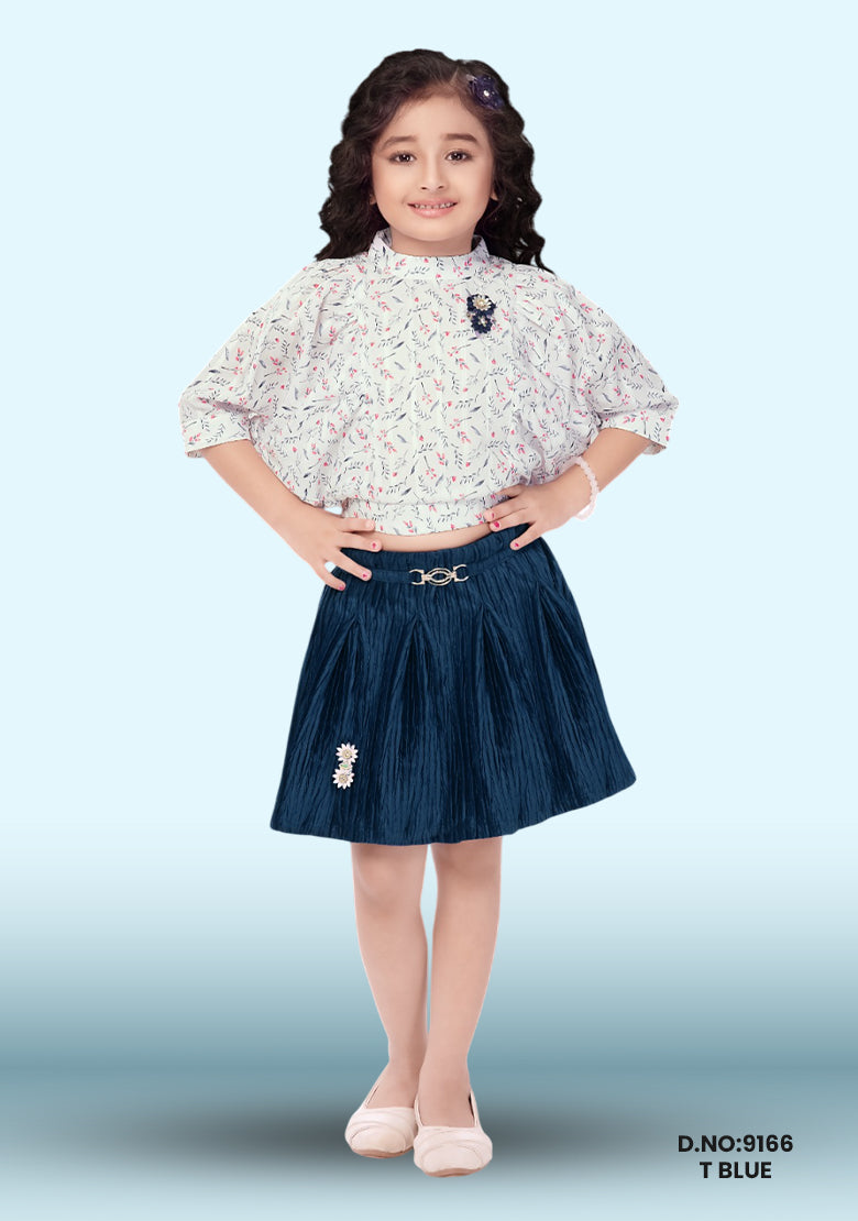 Trendy Girls' Polyester Layered Skirt With Pleated Ruffle Smocked Waist Casual Wear D.no:9166 T Blue