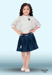 Trendy Girls' Polyester Layered Skirt With Pleated Ruffle Smocked Waist Casual Wear D.no:9166 T Blue