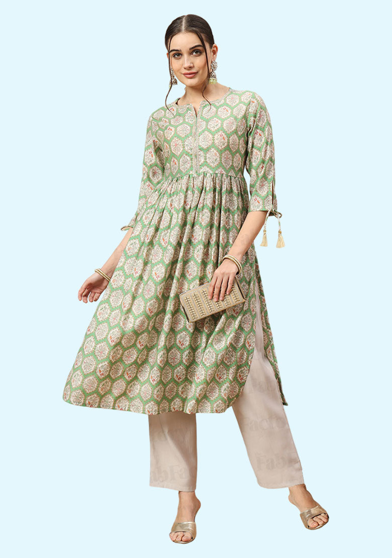 Notch neck calf length chanderi kurta with pant