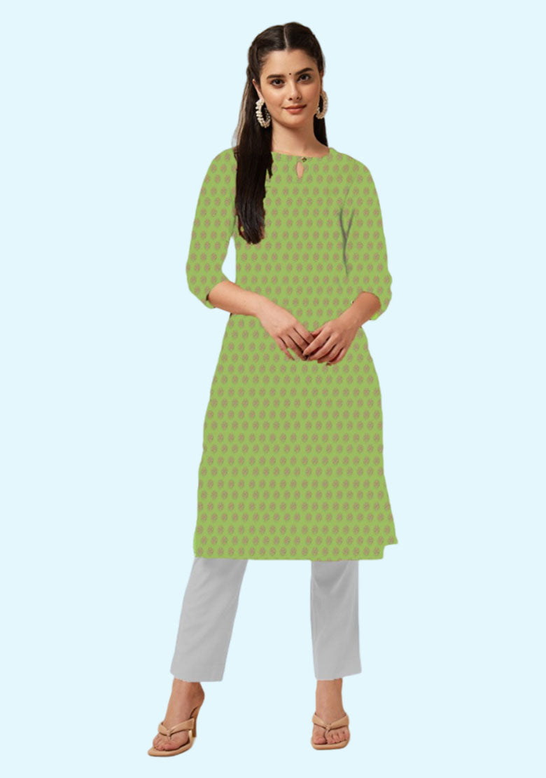 Kurta Pant and Dupatta Set for Women - Straight Cut Kurta Pant Set- Green Color - Pure Cotton