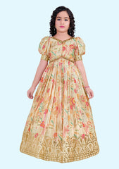 Light Green Bandhani Printed & Sequins Embroidery Puff Sleeve Pleated-Style Readymade Frock