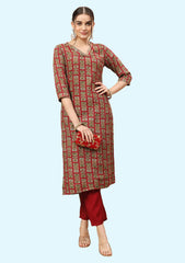 Round Neck Calf Length Poly Rayon Kurta With Pant