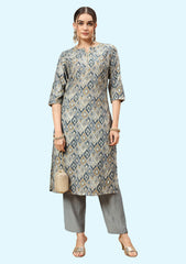 Round Neck Calf Length Poly Rayon Kurta With Pant