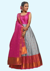 Woven Semi Stitched Banarasi Silk Long Gown For Womens (4)