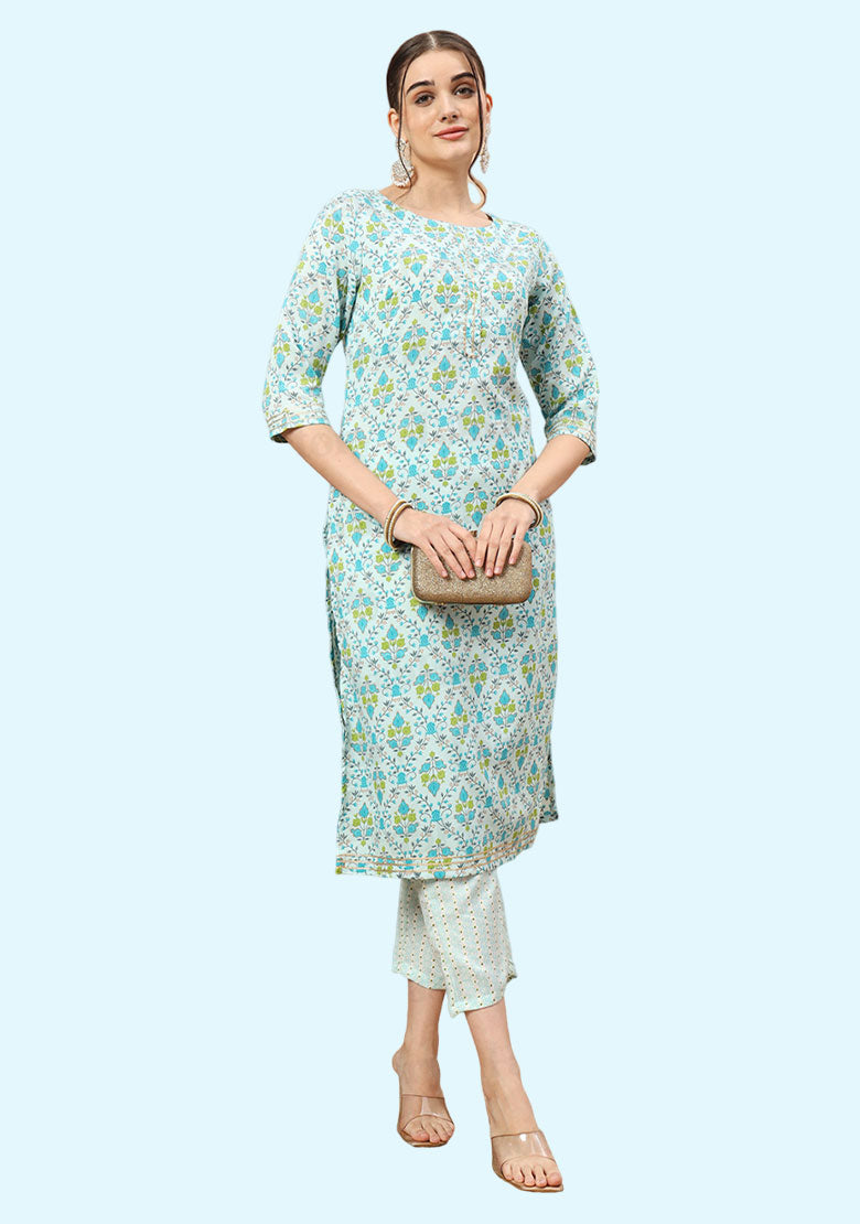 Round Neck Calf Length Poly Rayon Kurta With Pant