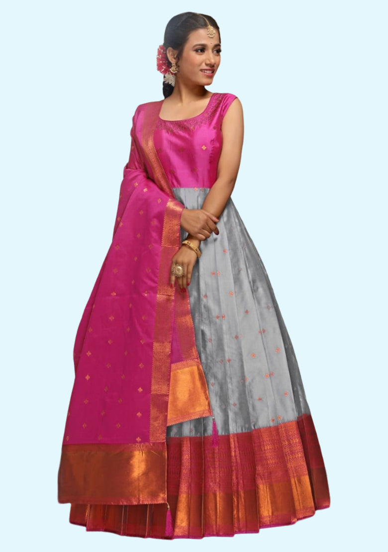 Woven Semi Stitched Banarasi Silk Long Gown For Womens (4)