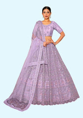 Lilac Soft Net Semi Stitched Lehenga With Unstitched Blouse For Women