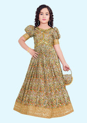 Gold Bandhani Printed & Sequins Embroidery Puff Sleeve Pleated-Style Readymade Frock