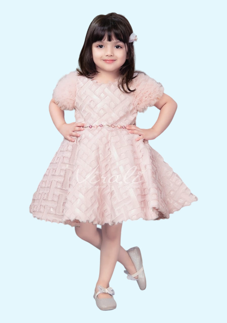 Babyhug Sleeveless Textured Party Frock with Floral Corsage - Peach