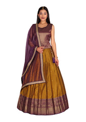 Purple & Yellow Pleated Silk Ethnic Wear With Dupatta for Women/Girls