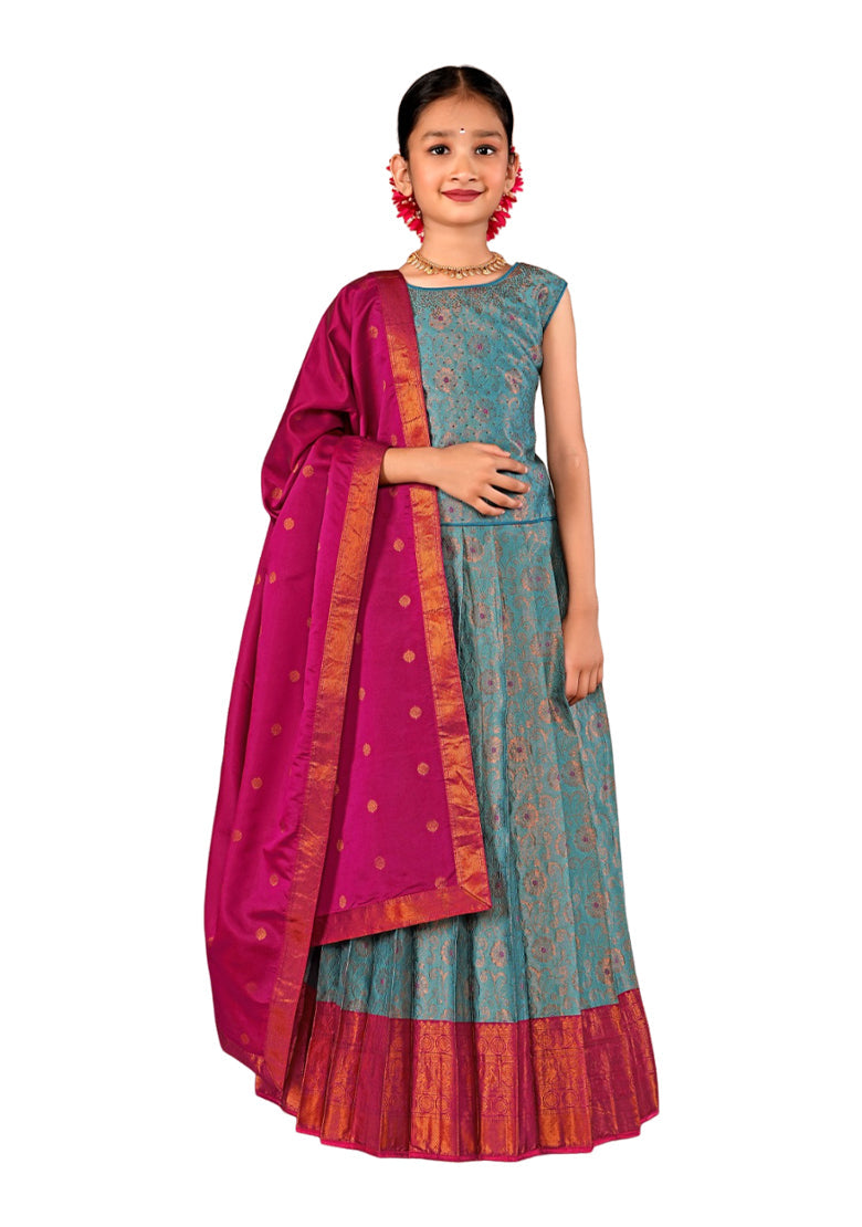 New Traditional Sky Blue and Rani for Girls Lehenga with Dupatta