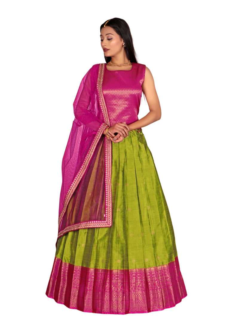 Girls Parrot Green and Rani Gown Lehenga with Dupatta