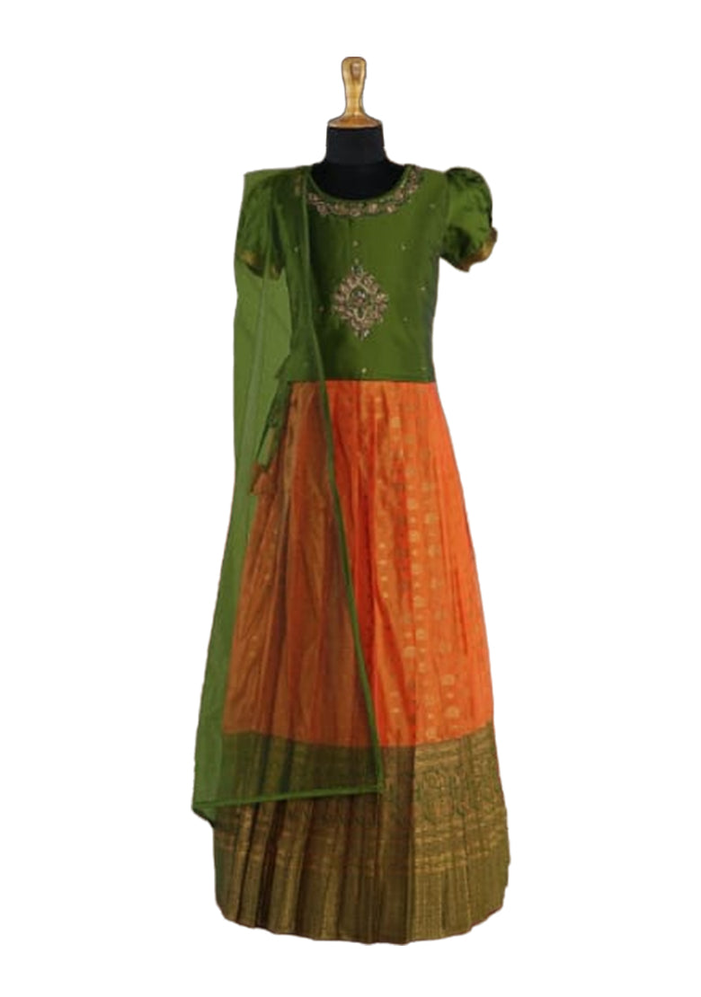 Green & Yellow Pleated Silk Choli Ethnic Wear With Dupatta for Girls