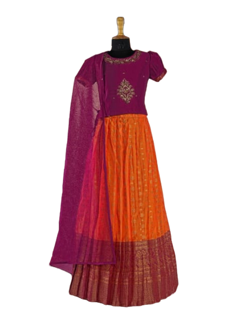 Purple & yellow Pleated Silk Choli Ethnic Wear With Dupatta for Girls