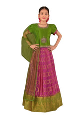 Green & Pink Pleated Silk Choli Ethnic Wear With Dupatta for Girls