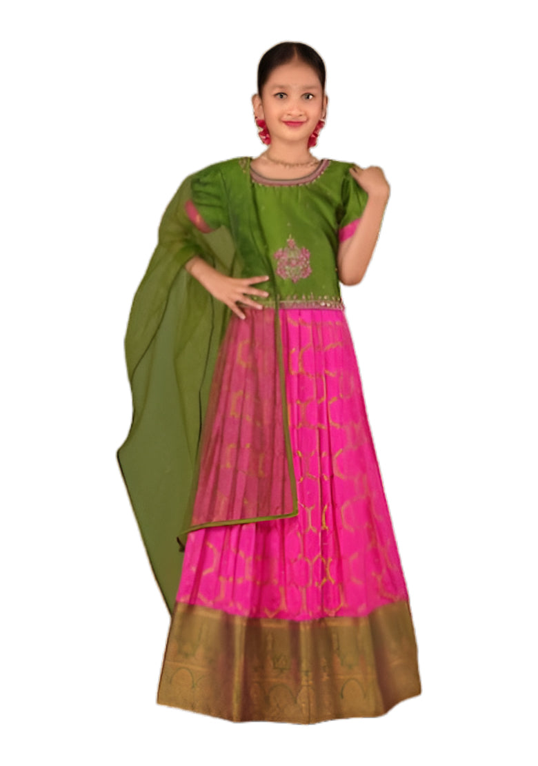 Green & Pink Pleated Silk Choli Ethnic Wear With Dupatta for Girls