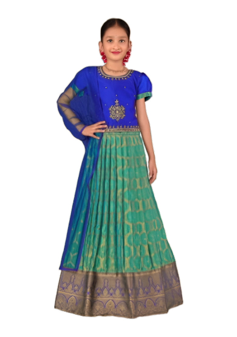 Blue & Green Pleated Silk Choli Ethnic Wear With Dupatta for Girls