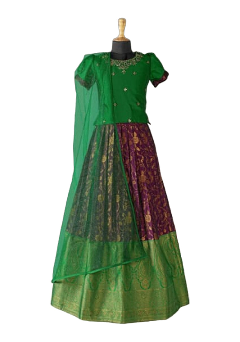 Green & wine Pleated Silk Choli Ethnic Wear With Dupatta for Girls