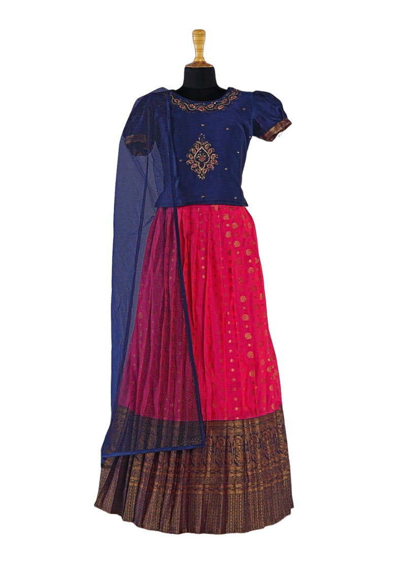 Blue & Pink Pleated Silk Choli Ethnic Wear With Dupatta for Girls