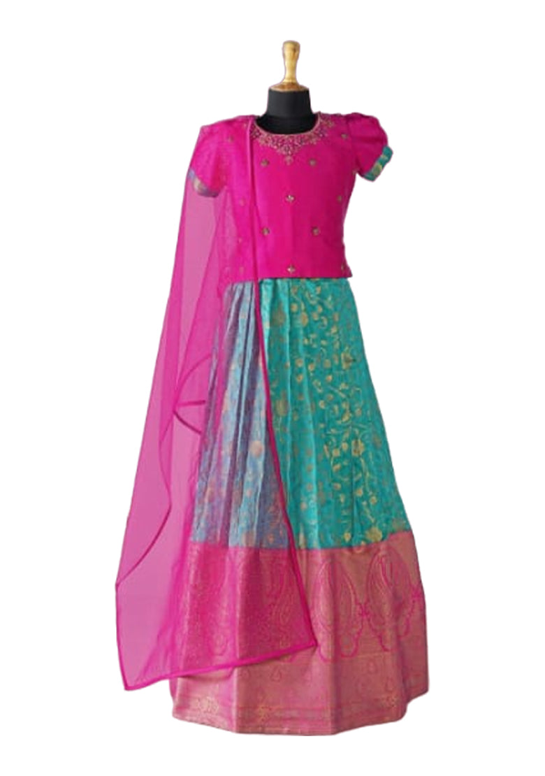 Pink & Blue Pleated Silk Choli Ethnic Wear With Dupatta for Girls