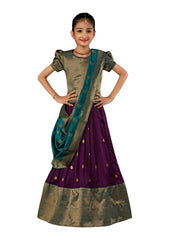 Green & Purple Pleated Silk Choli Ethnic Wear With Dupatta for Girls