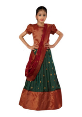 Maroon & Green Pleated Silk Choli Ethnic Wear With Dupatta for Girls