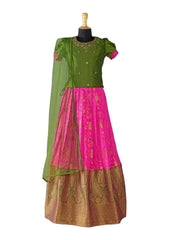 Green & Pink Pleated Silk Choli Ethnic Wear With Dupatta for Girls