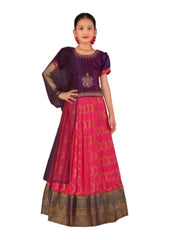 Purple & Pink Pleated Silk Choli Ethnic Wear With Dupatta for Girls