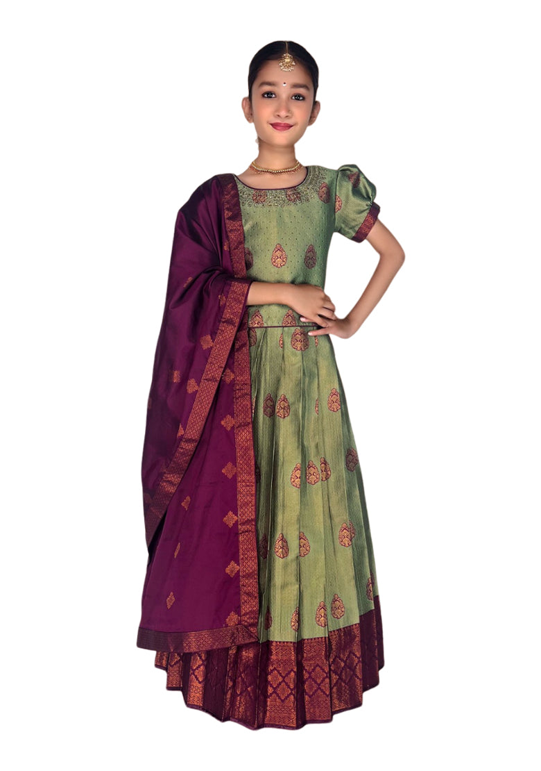 New Traditional Green Pleated Silk Ethnic Wear With Dupatta for Girls