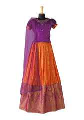 Purple & Orange Pleated Silk Choli Ethnic Wear With Dupatta for Girls