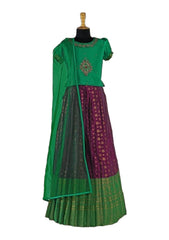 Green & Purple Pleated Silk Choli Ethnic Wear With Dupatta for Girls