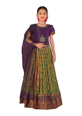 Purple & green Pleated Silk Choli Ethnic Wear With Dupatta for Girls