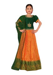 Green & Orange Pleated Silk Choli Ethnic Wear With Dupatta for Girls