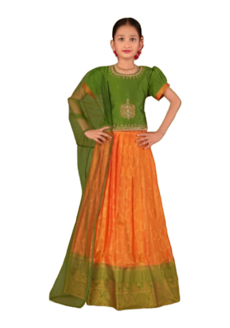 Green & Yellow Pleated Silk Choli Ethnic Wear With Dupatta for Girls