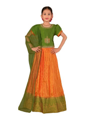 Green & Yellow Pleated Silk Choli Ethnic Wear With Dupatta for Girls