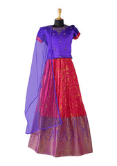 Blue & Pink Pleated Silk Choli Ethnic Wear With Dupatta for Girls