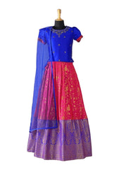 Blue & Pink Pleated Silk Choli Ethnic Wear With Dupatta for Girls