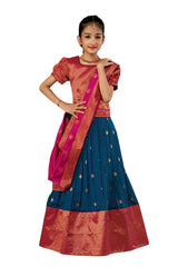 Blue Pleated Silk Choli Ethnic Wear With Dupatta for Girls