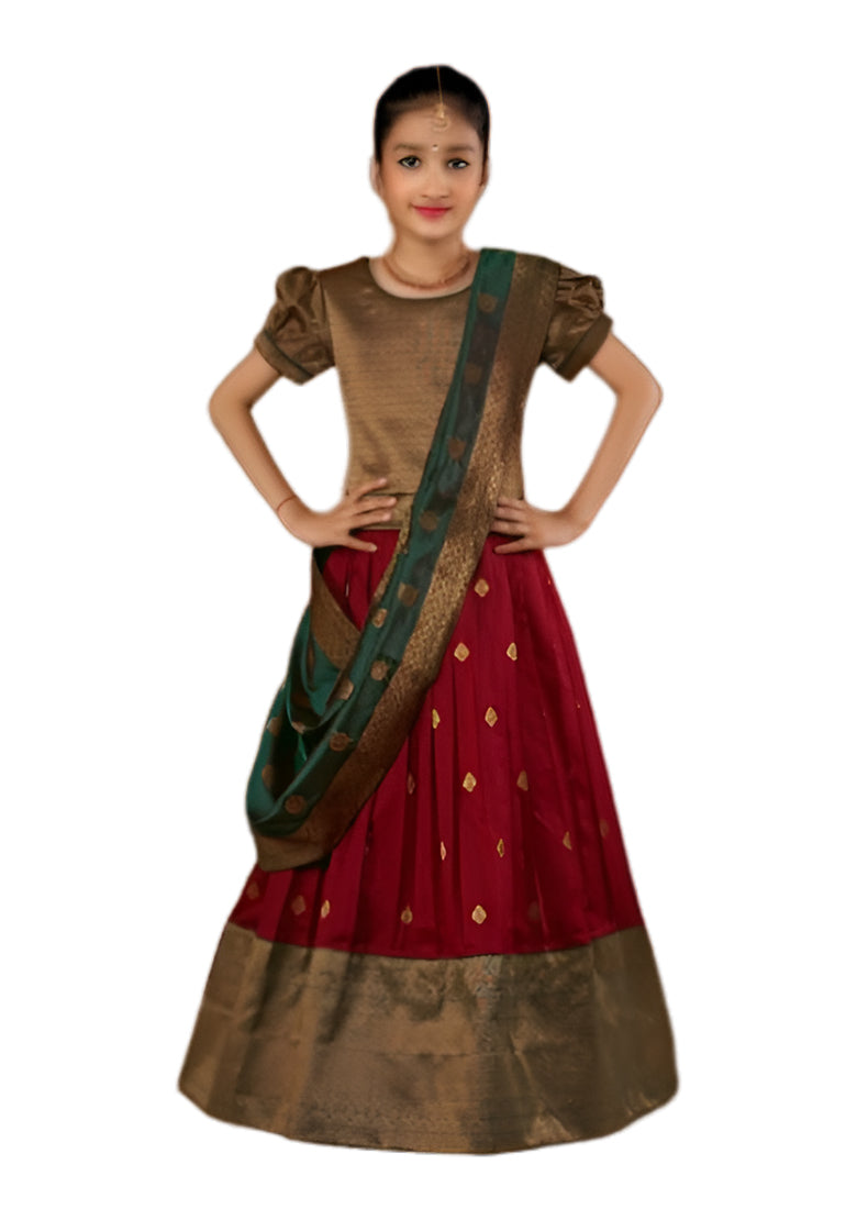 Green & Maroon Pleated Silk Choli Ethnic Wear With Dupatta for Girls