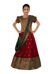 Green & Maroon Pleated Silk Choli Ethnic Wear With Dupatta for Girls