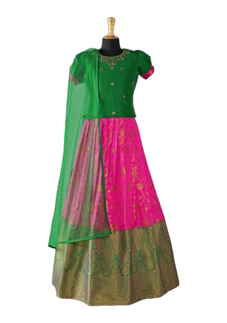 Green & Pink Pleated Silk Choli Ethnic Wear With Dupatta for Girls