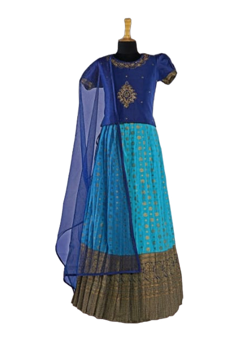 Blue Pleated Silk Choli Ethnic Wear With Dupatta for Girls