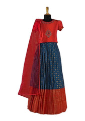 Orange & Blue Pleated Silk Choli Ethnic Wear With Dupatta For Girls