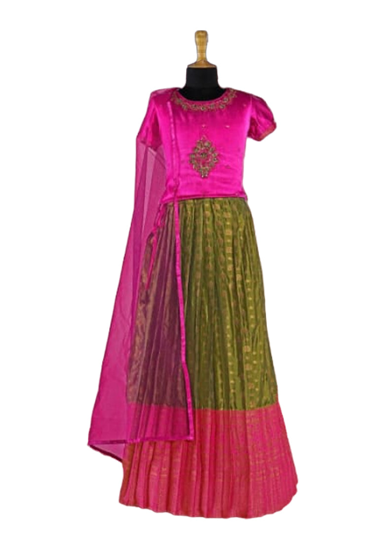 Pink & Green Pleated Silk Choli Ethnic Wear With Dupatta for Girls